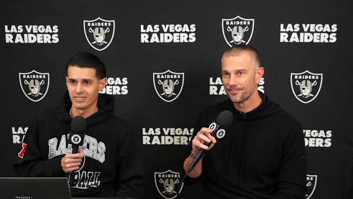 Feb 25, 2025; Indianapolis, IN, USA; Las Vegas Raiders general manager John Spytek (right) is interviewed by Raiders.com senior writer Eddie Paskal on radio row during the NFL Scouting Combine at the Indiana Convention Center. Mandatory Credit: Kirby Lee-Imagn Images