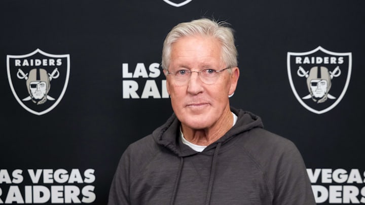 Feb 25, 2025; Indianapolis, IN, USA; Las Vegas Raiders coach Pete Carroll on radio row during the NFL Scouting Combine at the Indiana Convention Center. Mandatory Credit: Kirby Lee-Imagn Images