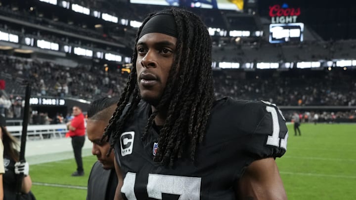 Oct 9, 2023; Paradise, Nevada, USA; Las Vegas Raiders wide receiver Davante Adams (17) walks off the field after the game against the Green Bay Packers at Allegiant Stadium. Mandatory Credit: Kirby Lee-Imagn Images