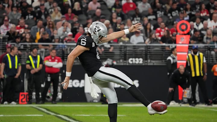 Nov 26, 2023; Paradise, Nevada, USA; Las Vegas Raiders punter AJ Cole (6) punts the ball against the Kansas City Chiefs in the second half at Allegiant Stadium. Mandatory Credit: Kirby Lee-Imagn Images