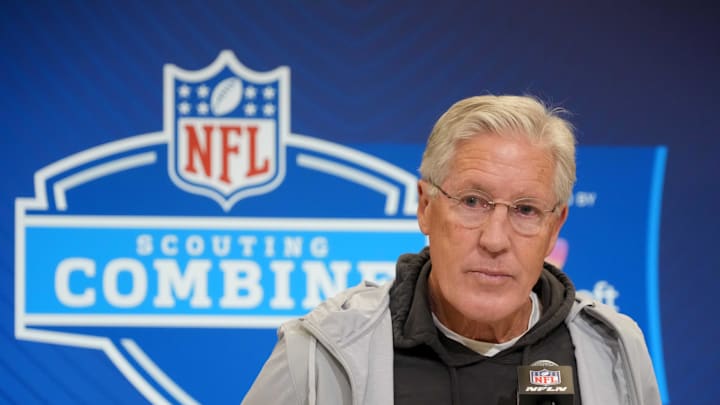 Feb 25, 2025; Indianapolis, IN, USA; Las Vegas Raiders coach Pete Carroll speaks during the NFL Scouting Combine at the Indiana Convention Center. Mandatory Credit: Kirby Lee-Imagn Images Feb 25, 2025; Indianapolis, IN, USA; Las Vegas Raiders coach Pete Carroll speaks during the NFL Scouting Combine at the Indiana Convention Center. Mandatory Credit: Kirby Lee-Imagn Images