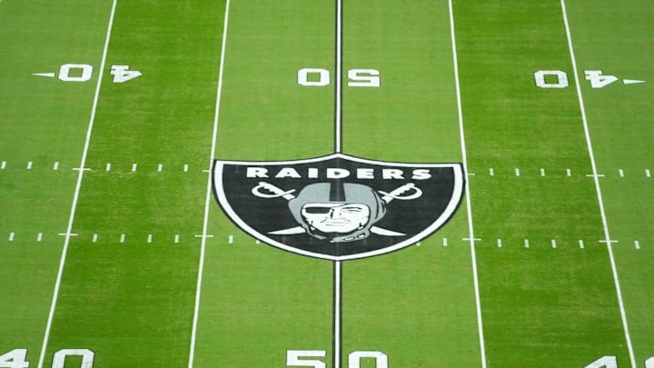 Oct 27, 2024; Paradise, Nevada, USA; A Las Vegas Raiders shield logo at midfield at Allegiant Stadium. Mandatory Credit: Kirby Lee-Imagn Images