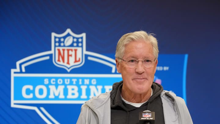 Feb 25, 2025; Indianapolis, IN, USA; Las Vegas Raiders coach Pete Carroll speaks during the NFL Scouting Combine at the Indiana Convention Center. Mandatory Credit: Kirby Lee-Imagn Images