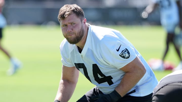 Jul 24, 2025; Henderson, NV, USA; Las Vegas Raiders tackle Kolton Miller (74) during training camp at the Intermountain Healthcare Performance Center. Mandatory Credit: Kirby Lee-Imagn Images Jul 24, 2025; Henderson, NV, USA; Las Vegas Raiders tackle Kolton Miller (74) during training camp at the Intermountain Healthcare Performance Center. Mandatory Credit: Kirby Lee-Imagn Images