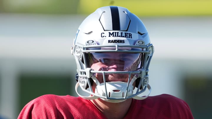 Jul 24, 2025; Henderson, NV, USA; Las Vegas Raiders quarterback Cam Miller (5) during training camp at the Intermountain Healthcare Performance Center. Mandatory Credit: Kirby Lee-Imagn Images