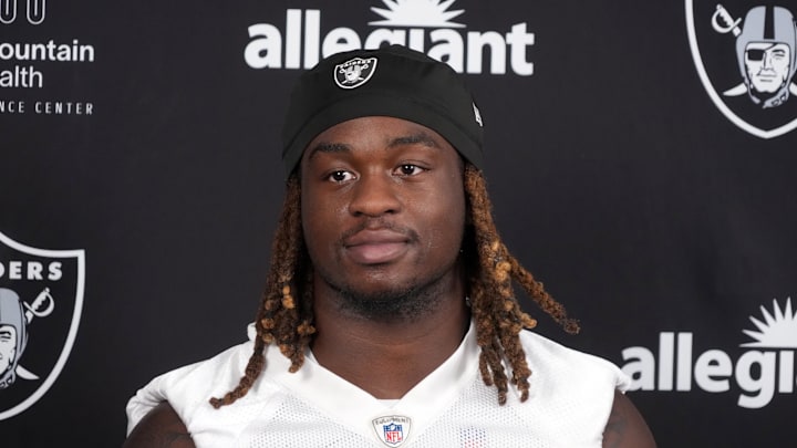 Jul 24, 2025; Henderson, NV, USA; Las Vegas Raiders running back Ashton Jeanty (2) during training camp press conference at the Intermountain Healthcare Performance Center. Mandatory Credit: Kirby Lee-Imagn Images