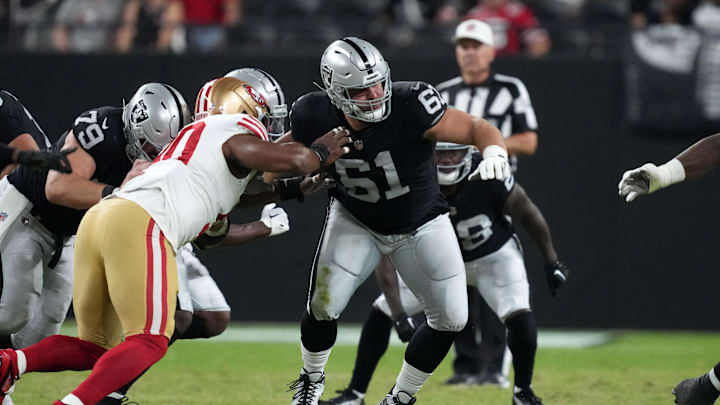 Aug 23, 2024; Paradise, Nevada, USA; Las Vegas Raiders guard Jordan Meredith (61) against the San Francisco 49ers in the first half at Allegiant Stadium. Mandatory Credit: Kirby Lee-Imagn Images