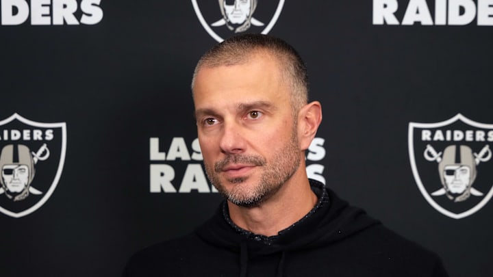 Feb 25, 2025; Indianapolis, IN, USA; Las Vegas Raiders general manager John Spytek on radio row during the NFL Scouting Combine at the Indiana Convention Center. Mandatory Credit: Kirby Lee-Imagn Images