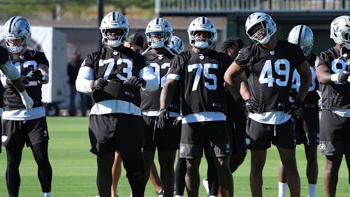 Jul 24, 2025; Henderson, NV, USA; Las Vegas Raiders players Tank Booker (73), Jahfari Harvey (75) and Charles Snowden (49) stretch during training camp at the Intermountain Healthcare Performance Center. Mandatory Credit: Kirby Lee-Imagn Images Jul 24, 2025; Henderson, NV, USA; Las Vegas Raiders players Tank Booker (73), Jahfari Harvey (75) and Charles Snowden (49) stretch during training camp at the Intermountain Healthcare Performance Center. Mandatory Credit: Kirby Lee-Imagn Images