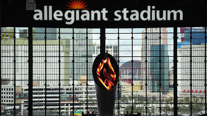 Jan 4, 2026; Paradise, Nevada, USA; The Al Davis memorial torch at Allegiant Stadium with the Las Vegas strip as a backdrop. Mandatory Credit: Kirby Lee-Imagn Images Jan 4, 2026; Paradise, Nevada, USA; The Al Davis memorial torch at Allegiant Stadium with the Las Vegas strip as a backdrop. Mandatory Credit: Kirby Lee-Imagn Images