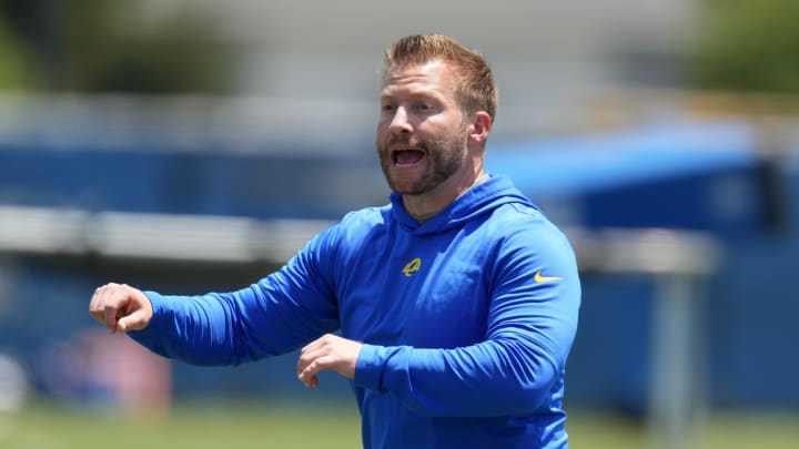 May 21, 2024, Thousand Oaks, California, USA; Los Angeles Rams coach Sean McVay reacts during organized team activities at Cal Lutheran University. Mandatory Credit: Kirby Lee-USA TODAY Sports