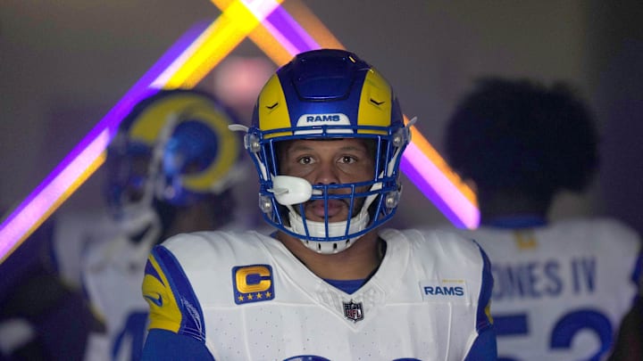 Dec 3, 2023; Inglewood, California, USA; Los Angeles Rams defensive tackle Aaron Donald (99) enters the field before the game against the Cleveland Browns at SoFi Stadium. Mandatory Credit: Kirby Lee-Imagn Images Dec 3, 2023; Inglewood, California, USA; Los Angeles Rams defensive tackle Aaron Donald (99) enters the field before the game against the Cleveland Browns at SoFi Stadium. Mandatory Credit: Kirby Lee-Imagn Images