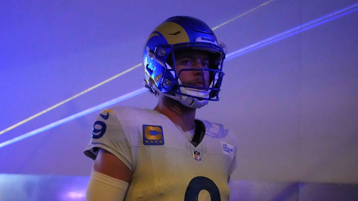 Oct 24, 2024; Inglewood, California, USA; Los Angeles Rams quarterback Matthew Stafford (9) enters the field before the game against the Minnesota Vikings at SoFi Stadium. Mandatory Credit: Kirby Lee-Imagn Images Oct 24, 2024; Inglewood, California, USA; Los Angeles Rams quarterback Matthew Stafford (9) enters the field before the game against the Minnesota Vikings at SoFi Stadium. Mandatory Credit: Kirby Lee-Imagn Images