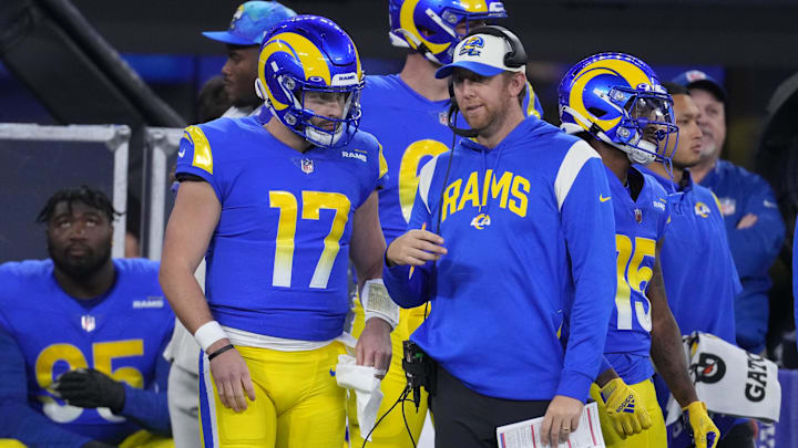 Dec 8, 2022; Inglewood, California, USA; Los Angeles Rams quarterback Baker Mayfield (17) talks with offensive coordinator Liam Coen against the Las Vegas Raiders in the first half at SoFi Stadium. Mandatory Credit: Kirby Lee-Imagn Images