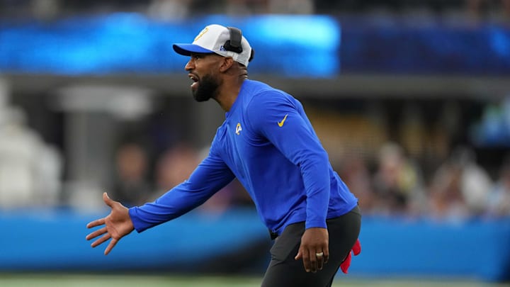 Aug 17, 2024; Inglewood, California, USA; Los Angeles Rams defensive backs coach Aubrey Pleasant against the Los Angeles Chargers in the second half at SoFi Stadium. Mandatory Credit: Kirby Lee-Imagn Images