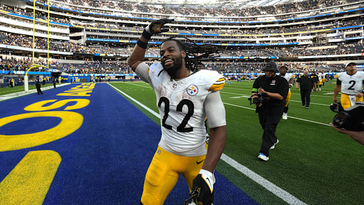 Oct 22, 2023; Inglewood, California, USA; Pittsburgh Steelers running back Najee Harris (22) reacts after the game against the Los Angeles Rams at SoFi Stadium. Mandatory Credit: Kirby Lee-Imagn Images