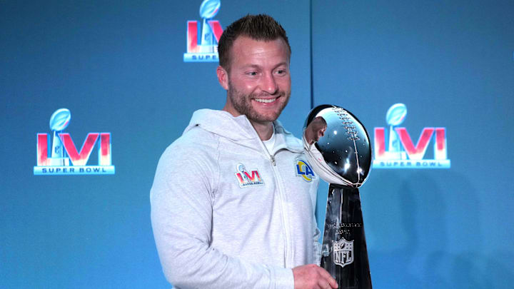 Feb 14, 2022; Los Angeles, CA, USA; Los Angeles Rams coach Sean McVay poses with the Vince Lombardi trophy during Super Bowl LVI winning coach and most valuable player press conference at the Los Angeles Convention Center. Mandatory Credit: Kirby Lee-Imagn Images Feb 14, 2022; Los Angeles, CA, USA; Los Angeles Rams coach Sean McVay poses with the Vince Lombardi trophy during Super Bowl LVI winning coach and most valuable player press conference at the Los Angeles Convention Center. Mandatory Credit: Kirby Lee-Imagn Images