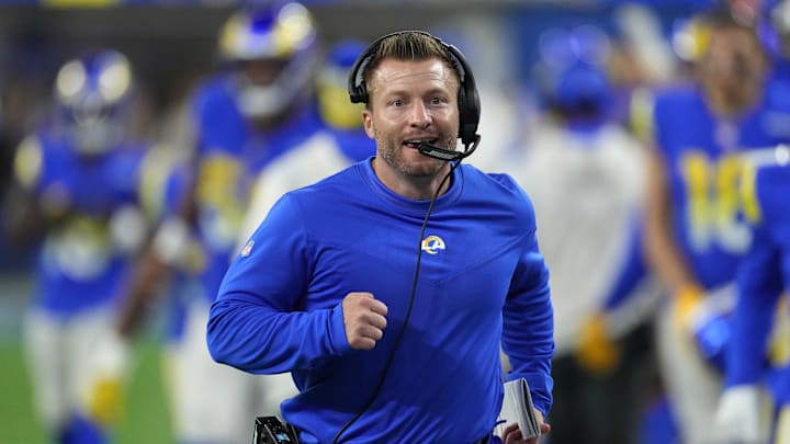 Dec 21, 2021; Inglewood, California, USA; Los Angeles Rams head coach Sean McVay celebrates against the Seattle Seahawks in the second half at SoFi Stadium. The Rams defeated the Seahawks 20-10. Mandatory Credit: Kirby Lee-Imagn Images Dec 21, 2021; Inglewood, California, USA; Los Angeles Rams head coach Sean McVay celebrates against the Seattle Seahawks in the second half at SoFi Stadium. The Rams defeated the Seahawks 20-10. Mandatory Credit: Kirby Lee-Imagn Images