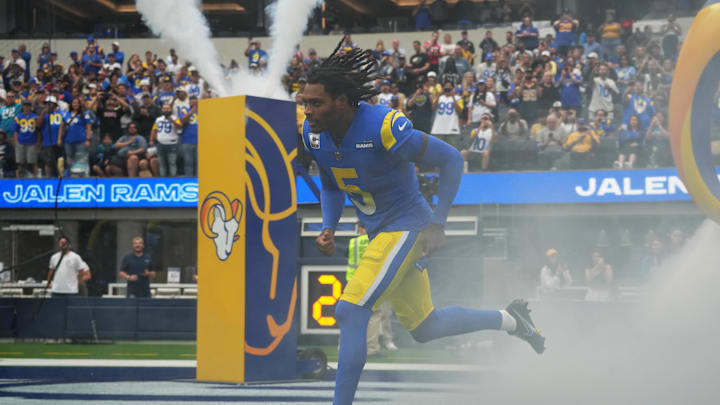 Oct 16, 2022; Inglewood, California, USA; Los Angeles Rams cornerback Jalen Ramsey (5) enters the field before the game against the Carolina Panthers at SoFi Stadium. Mandatory Credit: Kirby Lee-Imagn Images