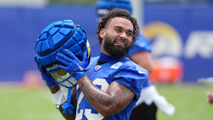 May 28, 2025; Woodland Hills, CA, USA; Los Angeles Rams running back Kyren Williams (23)during organized team activities at Rams Practice Facility. Mandatory Credit: Kirby Lee-Imagn Images