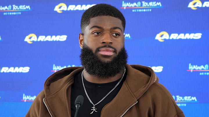 Jun 3, 2025; Woodland Hills, CA, USA; Los Angeles Rams linebacker Jared Verse at a press conference during organized team activities at Rams Practice Facility. Mandatory Credit: Kirby Lee-Imagn Images Jun 3, 2025; Woodland Hills, CA, USA; Los Angeles Rams linebacker Jared Verse at a press conference during organized team activities at Rams Practice Facility. Mandatory Credit: Kirby Lee-Imagn Images