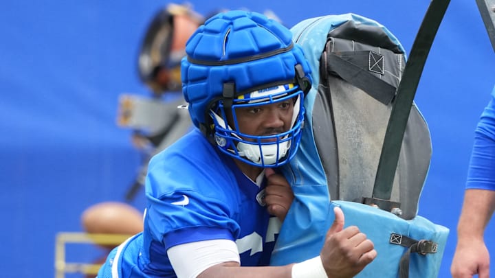 Jun 3, 2025; Woodland Hills, CA, USA; Los Angeles Rams lineman Willie Lampkin (62) during organized team activities at Rams Practice Facility. Mandatory Credit: Kirby Lee-Imagn Images