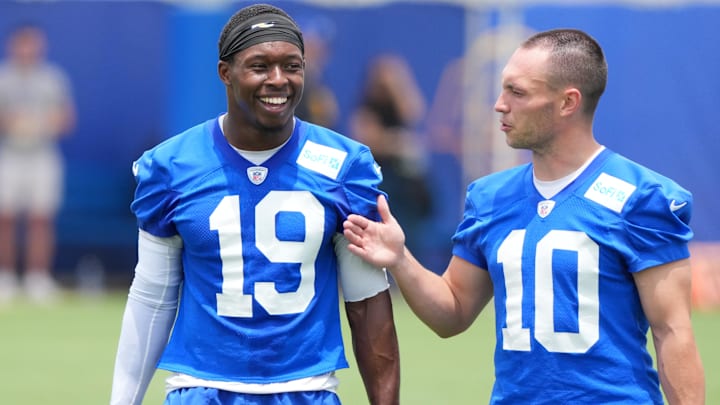 Jun 3, 2025; Woodland Hills, CA, USA; Los Angeles Rams receiver Xavier Smith (19) and Britain Covey (10) during organized team activities at Rams Practice Facility. Mandatory Credit: Kirby Lee-Imagn Images
