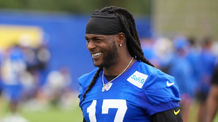 May 28, 2025; Woodland Hills, CA, USA; Los Angeles Rams receiver Davante Adams (17) during organized team activities at Rams Practice Facility. Mandatory Credit: Kirby Lee-Imagn Images May 28, 2025; Woodland Hills, CA, USA; Los Angeles Rams receiver Davante Adams (17) during organized team activities at Rams Practice Facility. Mandatory Credit: Kirby Lee-Imagn Images