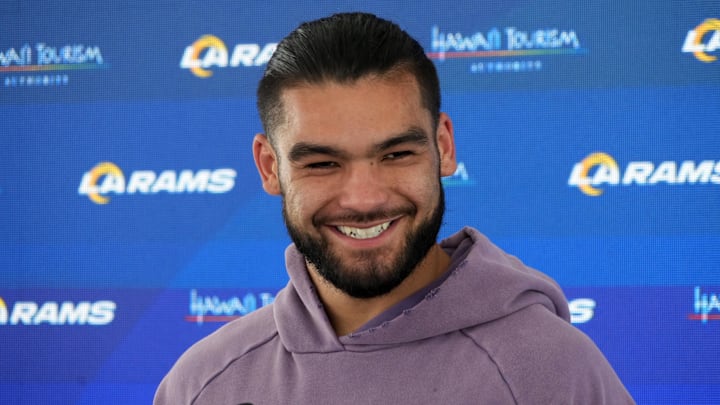 Jun 3, 2025; Woodland Hills, CA, USA; Los Angeles Rams receiver Puka Nacua at press conference during organized team activities at Rams Practice Facility. Mandatory Credit: Kirby Lee-Imagn Images