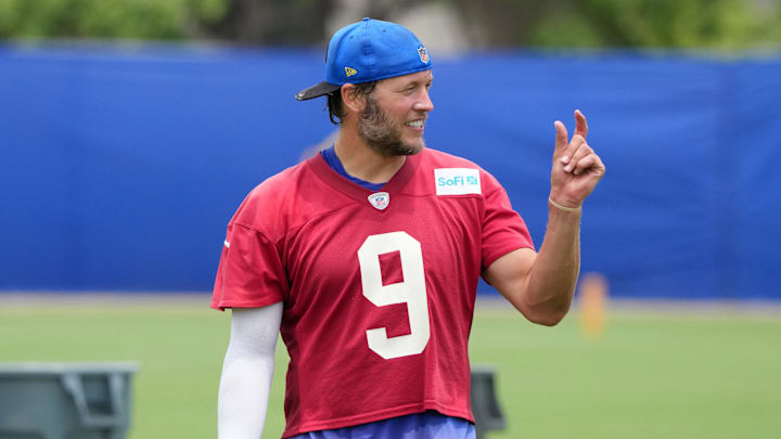 Jun 3, 2025; Woodland Hills, CA, USA; Los Angeles Rams quarterback Matthew Stafford (9) during organized team activities at Rams Practice Facility. Mandatory Credit: Kirby Lee-Imagn Images