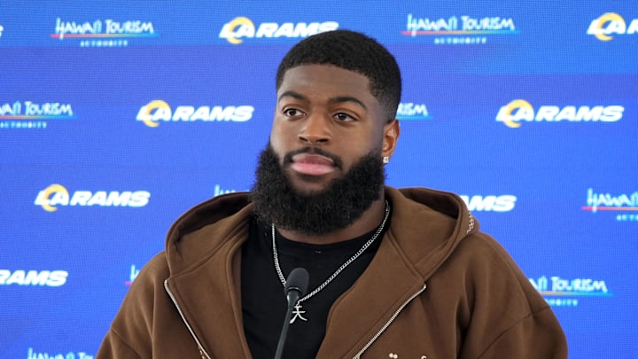 Jun 3, 2025; Woodland Hills, CA, USA; Los Angeles Rams linebacker Jared Verse at a press conference during organized team activities at Rams Practice Facility. Mandatory Credit: Kirby Lee-Imagn Images