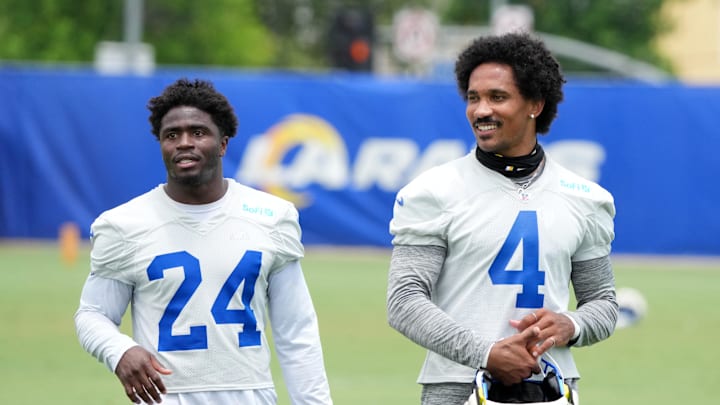 Jun 3, 2025; Woodland Hills, CA, USA; Los Angeles Rams cornerbacks Darious Williams (24) and Ahkello Witherspoon (4) during organized team activities at Rams Practice Facility. Mandatory Credit: Kirby Lee-Imagn Images Jun 3, 2025; Woodland Hills, CA, USA; Los Angeles Rams cornerbacks Darious Williams (24) and Ahkello Witherspoon (4) during organized team activities at Rams Practice Facility. Mandatory Credit: Kirby Lee-Imagn Images