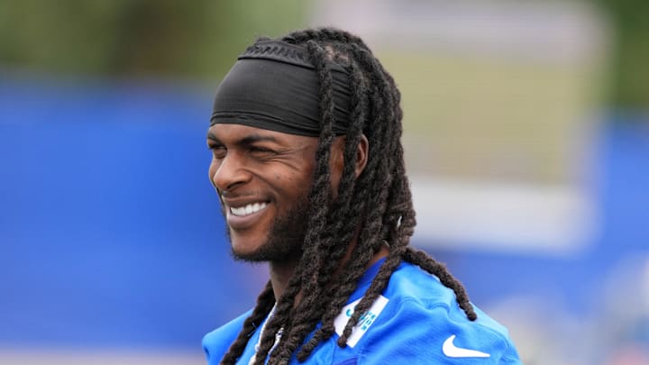 May 28, 2025; Woodland Hills, CA, USA; Los Angeles Rams receiver Davante Adams (17) during organized team activities at Rams Practice Facility. Mandatory Credit: Kirby Lee-Imagn Images