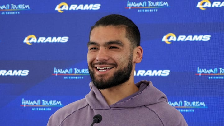 Jun 3, 2025; Woodland Hills, CA, USA; Los Angeles Rams receiver Puka Nacua at press conference during organized team activities at Rams Practice Facility. Mandatory Credit: Kirby Lee-Imagn Images
