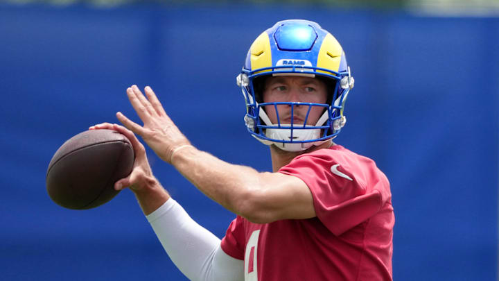 Jun 3, 2025; Woodland Hills, CA, USA; Los Angeles Rams quarterback Matthew Stafford (9) throws the ball during organized team activities at Rams Practice Facility. Mandatory Credit: Kirby Lee-Imagn Images Jun 3, 2025; Woodland Hills, CA, USA; Los Angeles Rams quarterback Matthew Stafford (9) throws the ball during organized team activities at Rams Practice Facility. Mandatory Credit: Kirby Lee-Imagn Images