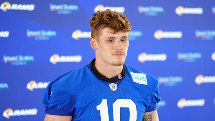 May 28, 2025; Woodland Hills, CA, USA; Los Angeles Rams tight end Terrance Ferguson (18) at press conference during organized team activities at Rams Practice Facility. Mandatory Credit: Kirby Lee-Imagn Images
