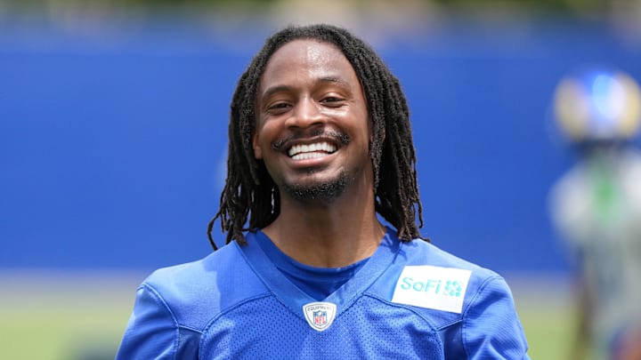Jun 3, 2025; Woodland Hills, CA, USA; Los Angeles Rams receiver Tutu Atwell (5) during organized team activities at Rams Practice Facility. Mandatory Credit: Kirby Lee-Imagn Images Jun 3, 2025; Woodland Hills, CA, USA; Los Angeles Rams receiver Tutu Atwell (5) during organized team activities at Rams Practice Facility. Mandatory Credit: Kirby Lee-Imagn Images