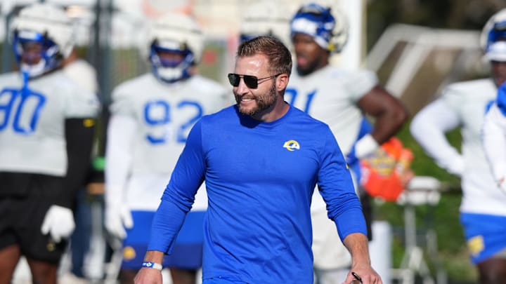 Jul 23, 2025; Los Angeles, CA, USA; Los Angeles Rams coach Sean McVay during training camp at Loyola Marymount University. Mandatory Credit: Kirby Lee-Imagn Images