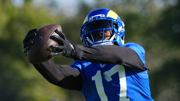 Jul 23, 2025; Los Angeles, CA, USA; Los Angeles Rams receiver Davante Adams (17) catches the ball during training camp at Loyola Marymount University. Mandatory Credit: Kirby Lee-Imagn Images