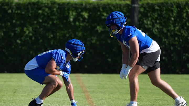 Jul 23, 2025; Los Angeles, CA, USA; Los Angeles Rams tight ends Tyler Higbee (89) and Anthony Torres (46) during training camp at Loyola Marymount University. Mandatory Credit: Kirby Lee-Imagn Images