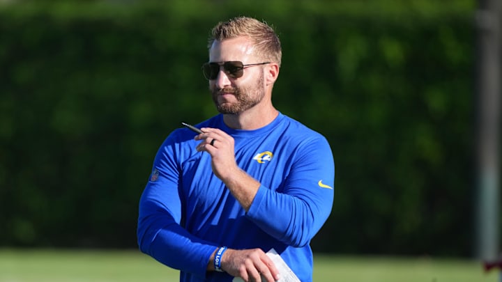 Jul 23, 2025; Los Angeles, CA, USA; Los Angeles Rams coach Sean McVay during training camp at Loyola Marymount University. Mandatory Credit: Kirby Lee-Imagn Images