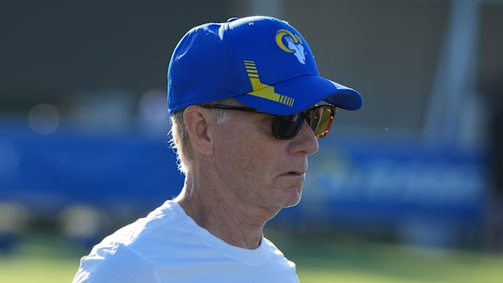 Jul 23, 2025; Los Angeles, CA, USA; Tim McVay, the father of Los Angeles Rams coach Sean McVay (not pictured), during training camp at Loyola Marymount University. Mandatory Credit: Kirby Lee-Imagn Images Jul 23, 2025; Los Angeles, CA, USA; Tim McVay, the father of Los Angeles Rams coach Sean McVay (not pictured), during training camp at Loyola Marymount University. Mandatory Credit: Kirby Lee-Imagn Images