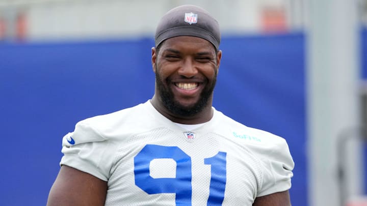 May 28, 2025; Woodland Hills, CA, USA; Los Angeles Rams defensive end Kobie Turner (91) during organized team activities at Rams Practice Facility. Mandatory Credit: Kirby Lee-Imagn Images
