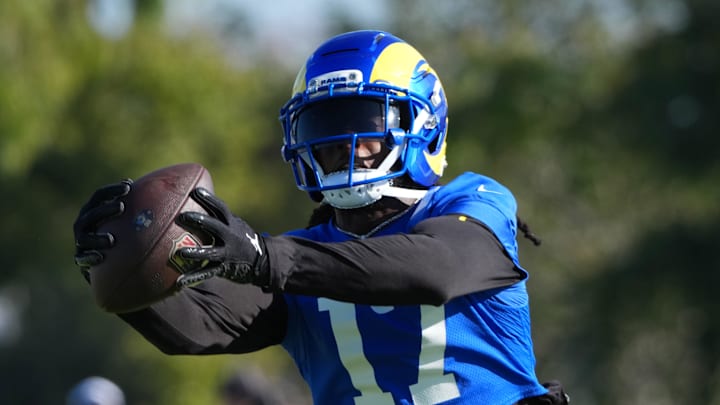 Jul 23, 2025; Los Angeles, CA, USA; Los Angeles Rams receiver Davante Adams (17) catches the ball during training camp at Loyola Marymount University. Mandatory Credit: Kirby Lee-Imagn Images