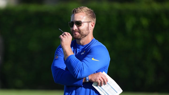 Jul 23, 2025; Los Angeles, CA, USA; Los Angeles Rams coach Sean McVay during training camp at Loyola Marymount University. Mandatory Credit: Kirby Lee-Imagn Images