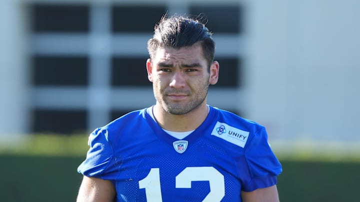 Jul 23, 2025; Los Angeles, CA, USA; Los Angeles Rams receiver Puka Nacua (12) during training camp at Loyola Marymount University. Mandatory Credit: Kirby Lee-Imagn Images