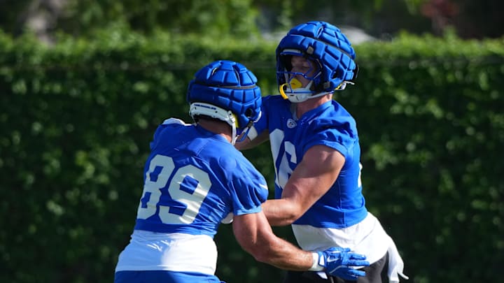 Jul 23, 2025; Los Angeles, CA, USA; Los Angeles Rams tight ends Tyler Higbee (89) and Anthony Torres (46) during training camp at Loyola Marymount University. Mandatory Credit: Kirby Lee-Imagn Images
