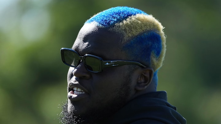 Jul 23, 2025; Los Angeles, CA, USA; Los Angeles Rams lineman Kevin Dotson (69) during training camp at Loyola Marymount University. Mandatory Credit: Kirby Lee-Imagn Images