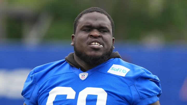 Jun 3, 2025; Woodland Hills, CA, USA; Los Angeles Rams lineman Kevin Dotson (69) during organized team activities at Rams Practice Facility. Mandatory Credit: Kirby Lee-Imagn Images