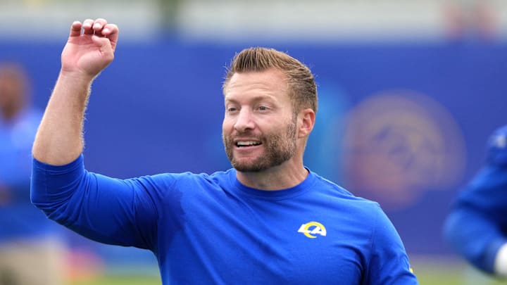 May 28, 2025; Woodland Hills, CA, USA; Los Angeles Rams coach Sean McVay gestures during organized team activities at Rams Practice Facility. Mandatory Credit: Kirby Lee-Imagn Images May 28, 2025; Woodland Hills, CA, USA; Los Angeles Rams coach Sean McVay gestures during organized team activities at Rams Practice Facility. Mandatory Credit: Kirby Lee-Imagn Images